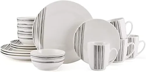 Studio Nova Brushed Lines - Juego de vajilla de 16 piezas con diseño moderno de pincel, platos llanos de porcelana, cuencos, tazas, platos de