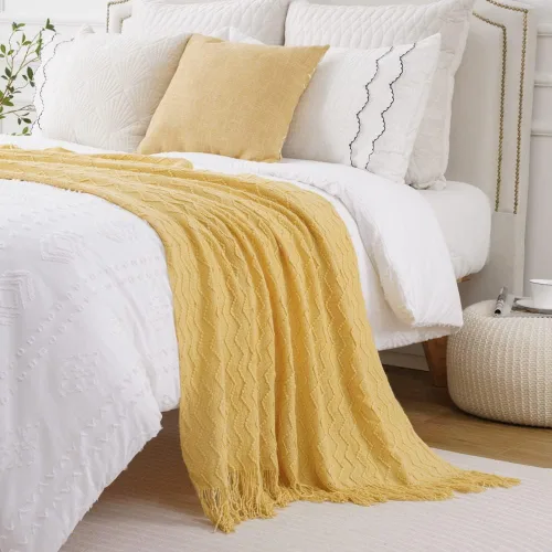 Miniatura 7 de BATTILO HOME Manta amarilla para sofá, manta dorada suave con textura, manta decorativa de punto mostaza para sofá, cama y sala de estar, 50 x 60