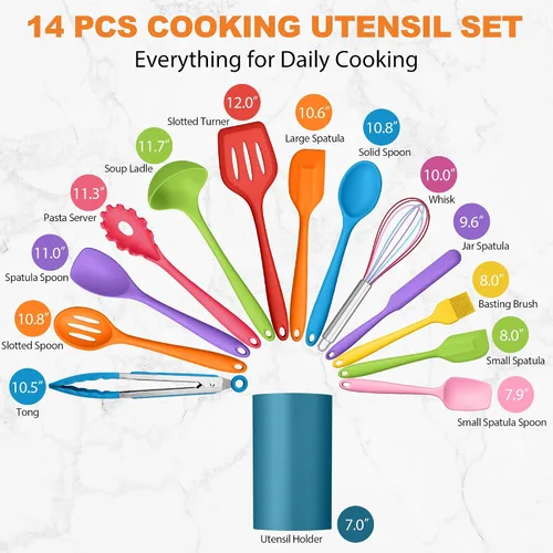 Miniatura 2 de LIANYU Juego de 14 utensilios de cocina con soporte, juego de utensilios de cocina de silicona, herramientas de cocina resistentes al calor, incluye