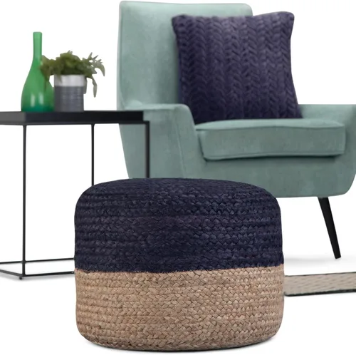 Miniatura 4 de SIMPLIHOME Lydia Puf redondo – 18 pulgadas de ancho trenzado a mano otomano de yute en azul marino y natural, taburete bohemio o asiento adicional