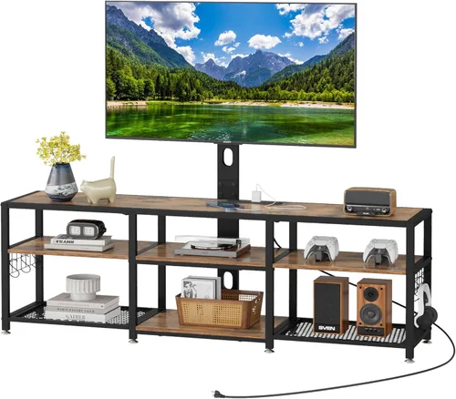 VECELO Soporte de TV con soporte y tomas de corriente, centro de entretenimiento para televisores de 55/60/65/70/75 pulgadas, consola multimedia