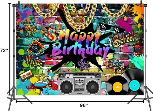 Miniatura 6 de Telón de fondo de cumpleaños de Hip Hop de 5 x 3 pies, tema de los años 80 y 90, graffiti de ladrillo de roca, fondo de fotos retro para fiesta