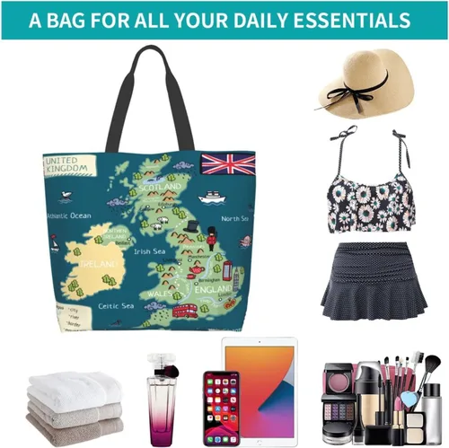 Miniatura 8 de Divertido bolso de mano de dibujos animados del Reino Unido con mapa, grande, casual, para mujer, bolsas de hombro reutilizables para el trabajo