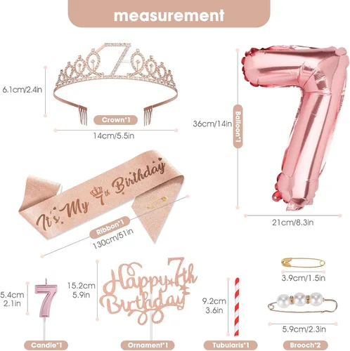 Miniatura 3 de Decoraciones de 7º cumpleaños para niñas – Tiara de corona de diamantes de imitación de oro rosa, decoración de pastel, velas de números y globos