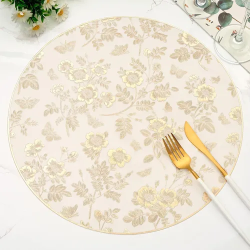 Miniatura 9 de Juego de 6 manteles individuales redondos dorados, manteles individuales de vinilo prensado floral lavable para mesa de comedor, boda, decoración