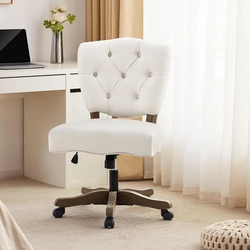 HUIMO Silla de escritorio giratoria tapizada de tela copetuda de felpilla con ruedas, altura ajustable, silla clásica de tareas con patas de madera,