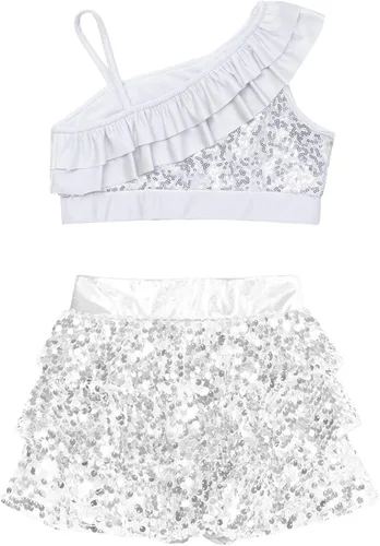 Miniatura 100 de JEATHA Top corto con borlas y lentejuelas brillantes para niñas, con minifalda, jazz latino, salsa, samba, rumba, baile