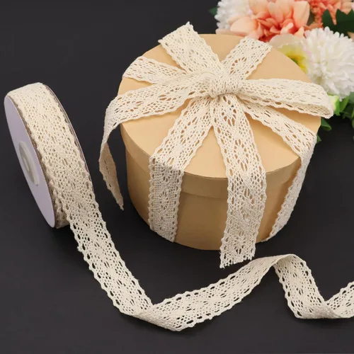 Miniatura 3 de Cinta artesanal de algodón natural de 1 pulgada, cinta de algodón vintage con ribete de encaje de ganchillo, cinta de envoltura de 10 yardas (beige)