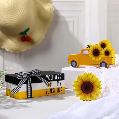 Miniatura 5 de Yookeer 5 piezas de girasoles para decoración de bandejas escalonadas, decoración de girasol, letrero de madera de verano, centro de mesa de sol