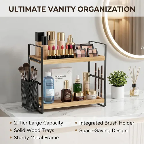 Miniatura 3 de LEMIKKLE Organizador de Baño para Encimera, Organizador de Mostrador para Decoración de Baño, Estante de Fregadero de Madera para Almacenamiento