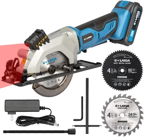 Sierra circular mini, sierra circular inalámbrica de 4-1/2" 3400RPM con guía láser, guía de rotura, sierra de mano compacta con 2 cuchillas