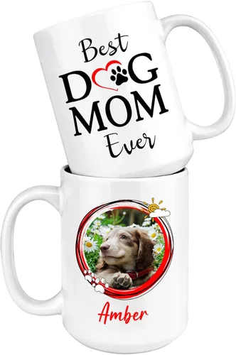Taza de café con nombre personalizado "Best Dog Mom Ever", regalo para mamá, mamá, madre, amante de los perros, taza de cerámica blanca Taza blanca