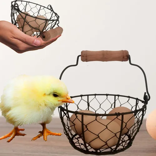 Miniatura 8 de TAIANLE. Cesta de huevos de alambre para recoger huevos frescos con asa, cesta redonda de metal para coleccionar huevos de estilo vintage, Malla