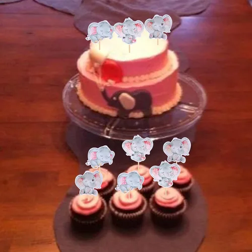 Miniatura 3 de 36 piezas de decoración para cupcakes de elefante rosa con texto en inglés "It's a Girl" para decoración de revelación de género, baby shower
