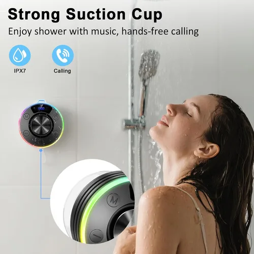 Miniatura 4 de Altavoz Bluetooth, altavoz de ducha portátil con gancho, altavoces Bluetooth impermeables IPX7 con ventosa, pantalla digital/de tiempo, sonido