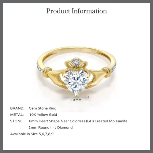 Miniatura 70 de Gem Stone King Anillo de compromiso claddagh celta irlandés de oro amarillo de 10 quilates con piedra preciosa en forma de corazón de 0.236 in