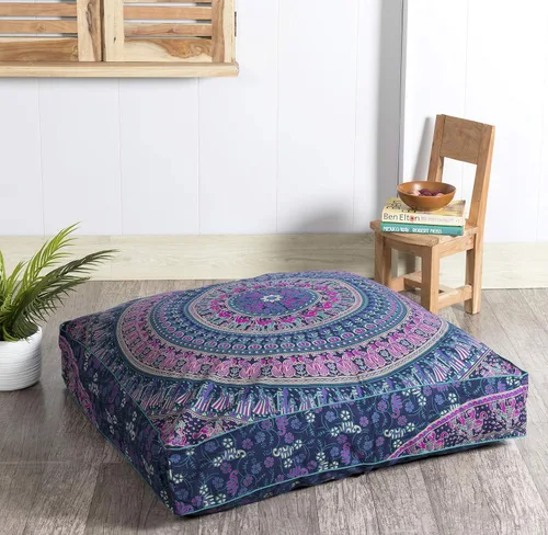 Miniatura 7 de Popular Handicrafts Funda de cojín de suelo – Funda de cojín de mandala de elefante hippie grande de algodón – Funda de puf redonda bohemia Azul