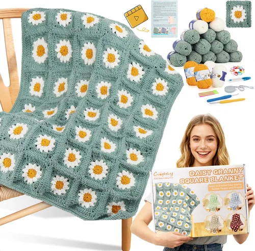 Miniatura 10 de Kit de Ganchillo Coopay para Principiantes para Manta, Kit de Ganchillo de Cuadrados de Abuela con Instrucciones y Suficiente Hilo, Juego Completo