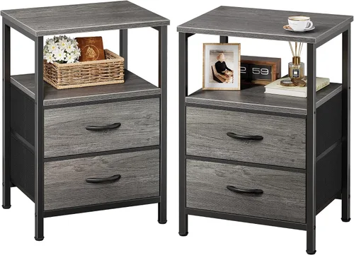 Miniatura 16 de Huuger Mesita de noche con 2 cajones, mesa auxiliar de cama con estante abierto, parte superior de madera, mesita de noche para dormitorio, mesa