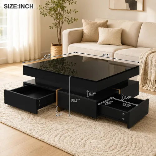 Miniatura 2 de Mesa de centro moderna con almacenamiento, mesa de centro cuadrada contemporánea con cajones, mesa central moderna de alto brillo para sala de Negro