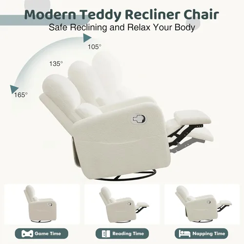 Miniatura 4 de Sillón Mecedor Reclinable Giratorio, Sillón Glider Reclinable de Boucle Extra Grande para Guardería, Sillas Reclinables con Balanceo Manual y Apoyo