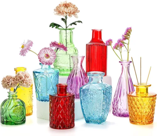 Coloch Juego de 10 jarrones de flores de colores, pequeños jarrones de cristal surtidos, florero floral tallado vintage, jarrón de un solo brote a
