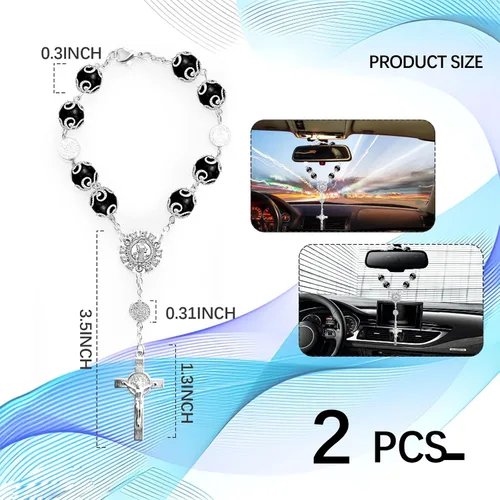 Miniatura 2 de 2 accesorios para colgar en el espejo del automóvil, rosario de automóvil con rosario de bendición de cruz, cuentas católicas para mujeres