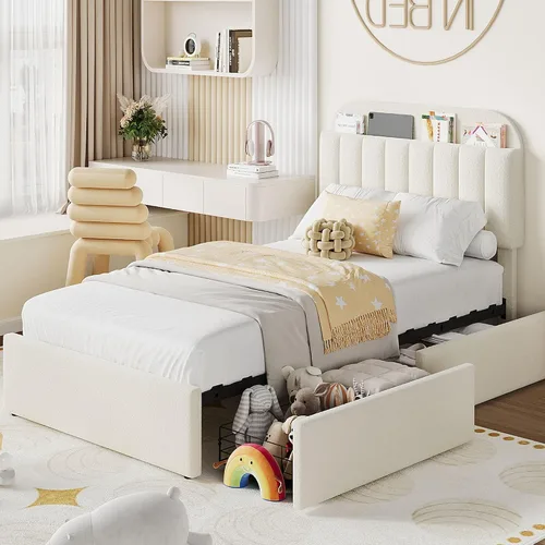 Miniatura 10 de IDEALHOUSE Base de cama individual para niños, cama plataforma tapizada con botones para niños/niñas con 2 cajones flexibles, cabecero tipo
