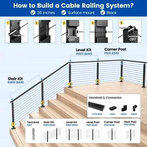 Miniatura 5 de Muzata Paquete de 4 postes de barandilla de cable negro de 36 pulgadas, 36 x 2 x 2 pulgadas, montaje en superficie perforada de nivel T304, kit