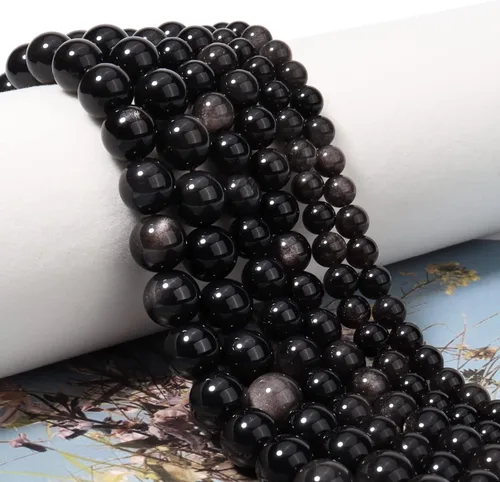 Miniatura 2 de 60 cuentas de piedra natural de 15⁄64 pulgadas (6 mm) con cuentas de obsidiana plateada que es una piedra para sanación de la energía. Cuentas Plata