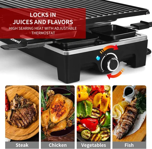 Miniatura 3 de Parrilla de Mesa Raclette, Parrilla Eléctrica de Interior Techwood, Parrilla Coreana BBQ, Placa de Parrilla Antiadherente Extraíble 2 en 1, Negro