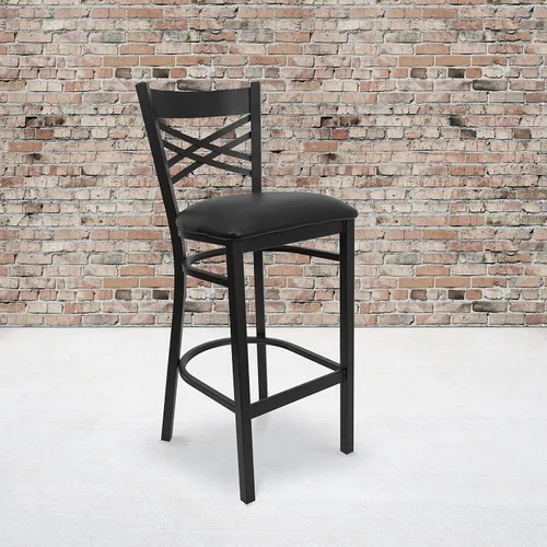 Miniatura 2 de Flash Furniture HERCULES Series Black ''X'' Back Metal Restaurant Barstool - Asiento de vinilo negro Asiento de vinilo negro/marco de metal negro