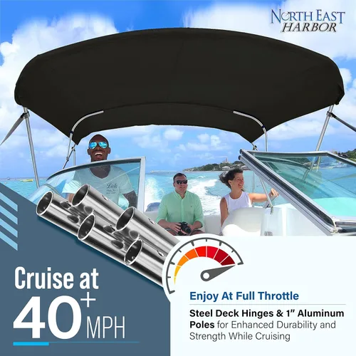 Miniatura 4 de NEH - Bimini Tops de 3 lazos para barcos, postes de soporte, lona marina 900D a prueba de decoloración, funda de almacenamiento universal para Negro