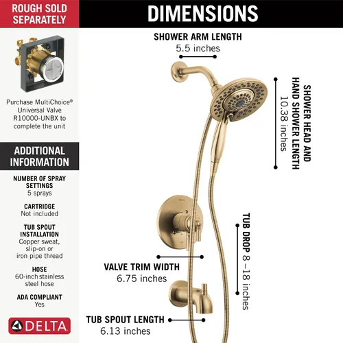 Miniatura 4 de Delta Faucet Saylor Serie 17 Grifo Combo Dorado para Bañera y Ducha con Cabezal de Ducha In2ition 2-en-1 con Rociador de Mano, Juego de Grifo