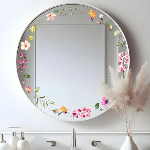 Calcomanías de espejo floral, calcomanías de pared de flores, calcomanías de pared para despegar y pegar, gráficos estéticos, decoración de baño y
