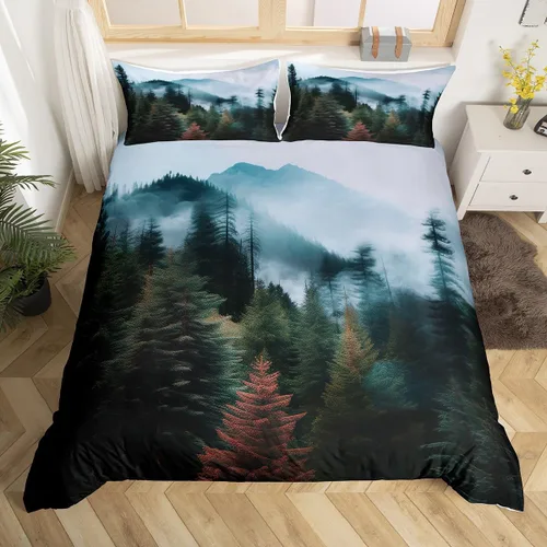 Erosebridal - Juego de ropa de cama con diseño de parque nacional, funda de edredón de montañas humeantes, funda de edredón verde bruma y árbol,