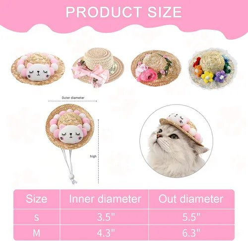Miniatura 4 de NACOCO Sombrero de paja de girasol, hecho a mano, encantador, accesorio para fotografía de perros y gatos pequeños (S, gato rosa)