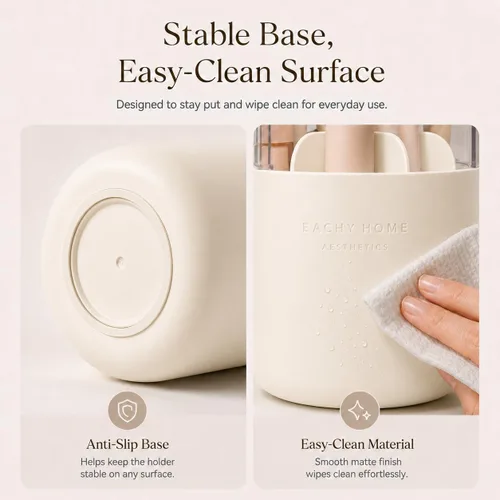 Miniatura 7 de EACHY Soporte para brochas de maquillaje giratorio de 360° con tapa a prueba de polvo, material impermeable, 7 compartimentos para almacenamiento