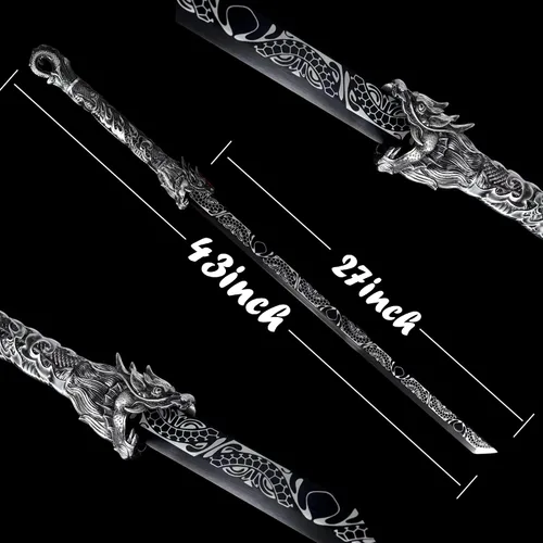 Miniatura 6 de Espada china de la dinastía Tang Dao de acero al carbono, hoja recta afilada, katana con patrón de dragón, funda Negro