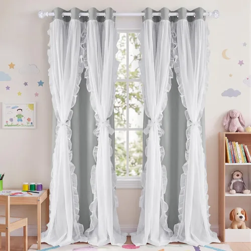 Miniatura 20 de PONY DANCE Cortinas con Volantes de Doble Capa con Superposición Transparente, Decoración Elegante para Ventanas de Diseño Rústico Francés de Campo