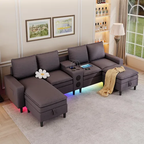 Miniatura 7 de Sofás Seccionales para Sala de Estar, Sofá Seccional de 4 Asientos con Módulo Inteligente-Altavoz Bluetooth/Luz RGB/Estación de Carga, Sofá de Nube