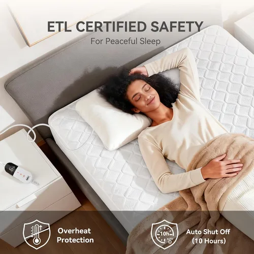 Miniatura 5 de Protector de colchón térmico tamaño King, calentador de cama eléctrico de doble control, 6 ajustes de calor personalizados, temporizador de apagado