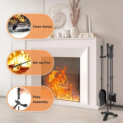 Miniatura 3 de Gtongoko Juego de herramientas para chimenea de hierro forjado, 4 piezas, para interiores y exteriores, con póquer de fuego, pala, cepillo rústico