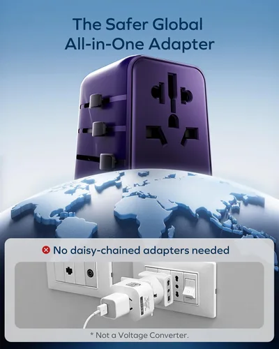 Miniatura 7 de MOMAX Adaptador de viaje universal 6 en 1, adaptador de corriente internacional GaN 70W, 3 cargas rápidas USB-C PD y 2 USB-A QC, 1 AC, adaptador