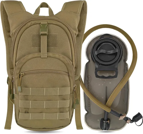 MARCHWAY Mochila de Hidratación Táctica Molle con Vejiga de Agua de TPU de 2.5L, Mochila Militar Organizada de Perfil Bajo para Senderismo, Canela