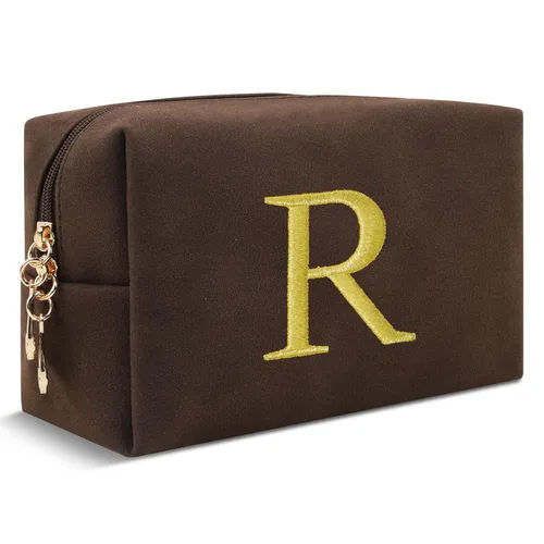 Miniatura 219 de Pequeña bolsa de maquillaje personalizada con inicial A-Z Preppy Patch, bolsa de cosméticos de viaje de felpilla blanca con cremallera, bonita bolsa