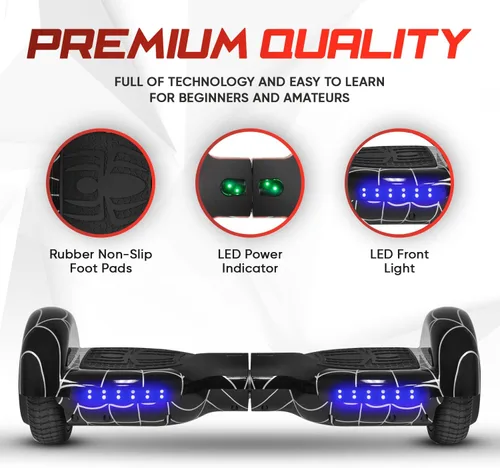 Miniatura 4 de Hoverboard con patrón de araña para niños de 6 a 12 años, con altavoz Bluetooth y luces LED, tabla deslizante de 6.5 pulgadas, certificado de Negro