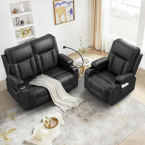Miniatura 8 de Furnimat Juego de sofá reclinable con 2+1 piezas para sala de estar, sofá reclinable de 2 plazas en cuero, 1 silla reclinable con asiento de sofá