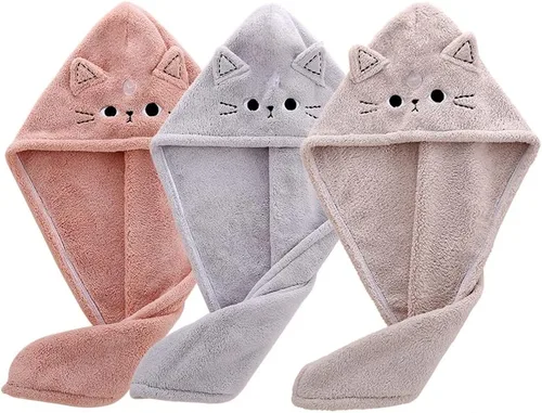 Bonita toalla de pelo de microfibra con diseño de gato para niños, paquete de 3 toallas de secado rápido, turbante de pelo divertido con giro para