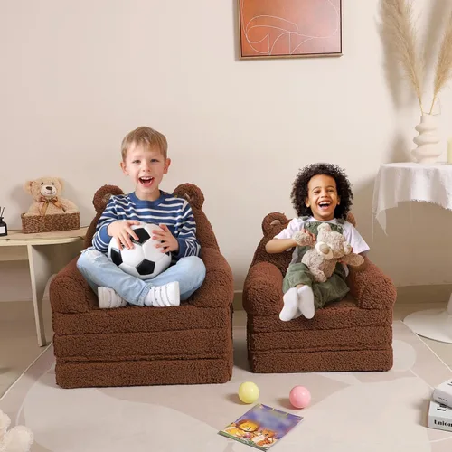 Miniatura 6 de MOMCAYWEX Sofá para niños, sofá Sherpa con cojines de espuma de tres capas, asiento cómodo para niños de 18 meses en adelante, marrón